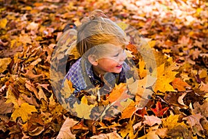 Toddler plays in the leaves smiling