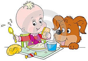 Toddler and pup at dinner