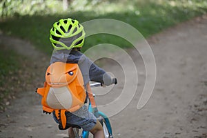 Toddler riding a balance bike along the path in the park