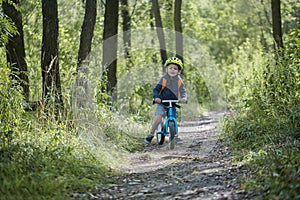 Toddler riding a balance bike along the path in the park