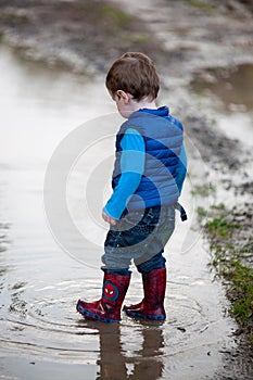 Toddler steps into a puddle