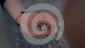 Toddler throws pebbles into hand of mother sitting on beach