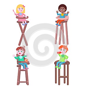 Toddlers on Children High Chairs Flat Vector photo