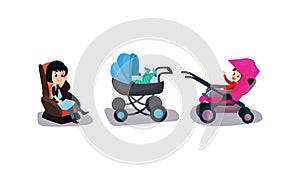 Toddlers Sitting in Baby Carriage and Booster Chair Vector Illustration Set