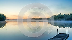 Toddy Pond, Maine with mist and wharf