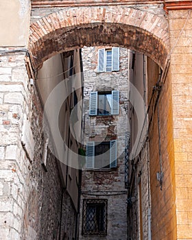 Todi in Umbria, Italy. View of the ancient village full of medieval buildings. It rises on the hills since the Etruscan times.