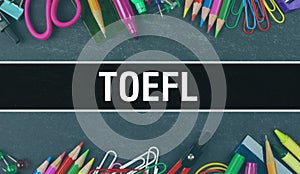 TOEFL text written on Education background of Back to School concept. TOEFL concept banner on Education sketch with school