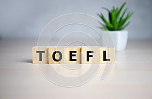 TOEFL - words from wooden blocks with letters, The Test of English as a Foreign Language, TOEFL concept, white background