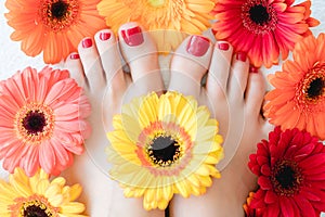 Toenails after pedicure with red nail varnish between flowers