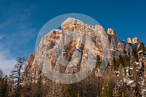 Tofana di Rozes over a blue sky in winter, Cortina D`Ampezzo, It