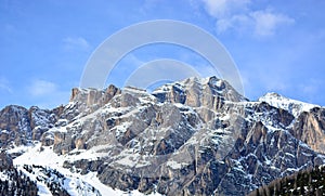 The Tofane in the Dolomites in Cortina d`Ampezzo with the first winter snow