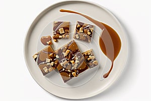 Toffee On Plate, White Background. Generative AI