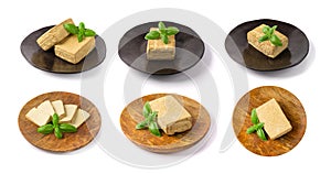 Tofu Cheese Isolated, Smoked Vegan Cheese Slice, Sliced Soya Bean Curd, Soy Protein or TSP