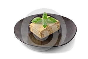 Tofu Cheese Isolated, Smoked Vegan Cheese Slice, Sliced Soya Bean Curd, Soy Protein or TSP