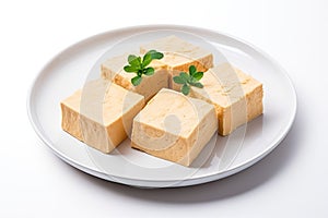 Tofu Cheese Isolated, Smoked Vegan Cheese Slice, Sliced Soya Bean Curd, Soy Protein or TSP