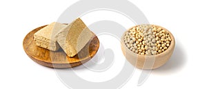 Tofu Cheese Isolated, Smoked Vegan Cheese Slice, Sliced Soya Bean Curd, Soy Protein or TSP photo