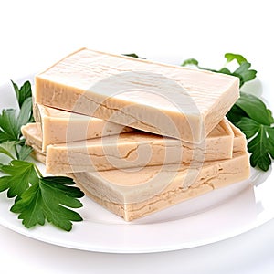 Tofu Cheese Isolated, Smoked Vegan Cheese Slice, Sliced Soya Bean Curd, Soy Protein or TSP photo