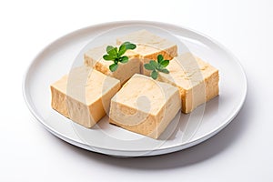 Tofu Cheese Isolated, Smoked Vegan Cheese Slice, Sliced Soya Bean Curd, Soy Protein or TSP photo