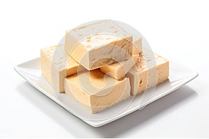 Tofu Cheese Isolated, Smoked Vegan Cheese Slice, Sliced Soya Bean Curd, Soy Protein or TSP photo