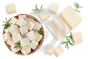 Tofu cheese isolated on white background with clipping path and full depth of field, Top view with copy space for your