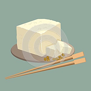 Tofu cheese on plate with chopsticks isolated. Healthy chinese food