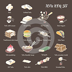 Tofu dishes icon set. 18 Line art colored icons.