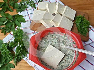 Tofu in green goutweed tempura, cooking organic food