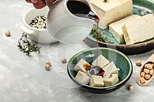 tofu marinated in bowl. traditional chinese dish. Food recipe background. Close up