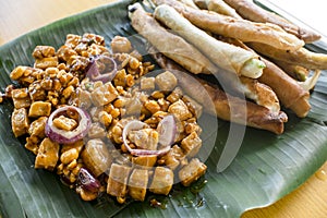 Tofu in peanut garlic sauce and Dynamite lumpia placed on a tray lined with banana leaves. photo