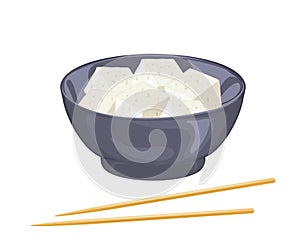 Tofu pieces in black bowl and chopsticks isolated on white background. Vector illustration of bean curd cubes