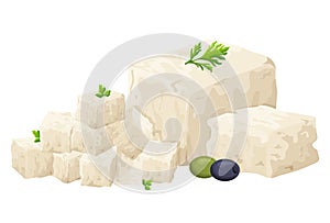 Tofu pieces soy bean. Curd nutrition , healthy food. Vegan organic soy cheese. Vector illustration isolated on white