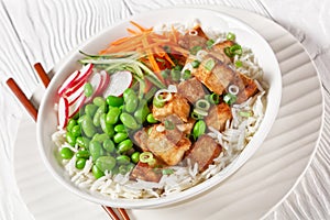 Tofu poke bowl with basmati rice and veggies