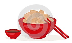 Tofu in red bowl with chopsticks and soya sauce. Vegan bio soy cheese. Vector stock illustration isolated on white