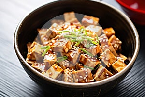 tofu steak pieces arranged in a teriyaki marinade bowl