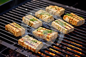 tofu steaks on a barbeque grill with teriyaki marinade bubbling