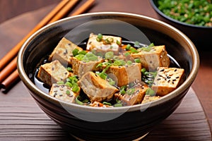 tofu steaks in a bowl soaking in teriyaki marinade