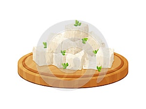 Tofu on wood board, soybean, olive. Composition of sliced feta in cartoon style. Vegetarian healthy food. Greek