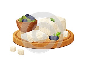 Tofu on wood board, soybean, olive. Composition of sliced feta in cartoon style. Vegetarian healthy food. Greek