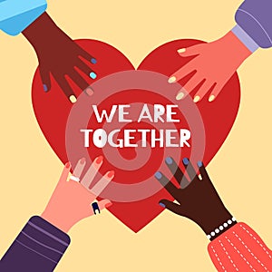 Together concept. Charity, multicultural friendship metaphor. Multicolor hands of international people holding big red