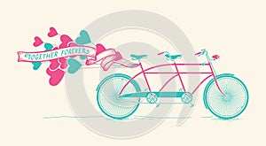 Together forever - vintage tandem bicycle with hearts balloons