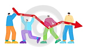 Together holding chart decrease going down arrow red cooperation teamwork colorful action teen casual flat style