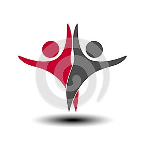 Together joined people icon. Red and grey community symbol. Human sign of two partners. Silhouttes of body with transparency