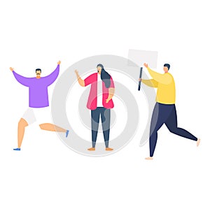 Together people male female hold riot poster, concept urban protest, peaceful rally flat vector illustration, isolated