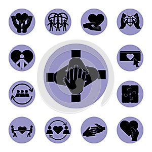 Together, team relation friendly charity social block icons set