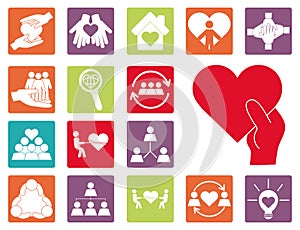 Together, team relation friendly charity social color icons set