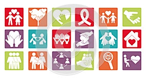 Together, team relation friendly connection social color block icons set