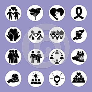 Together, team relation friendly unity social block icons set