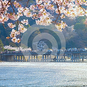 Togetsukyo bridge that crosses the Katsura River with scenic full bloom cherry blossom in spring