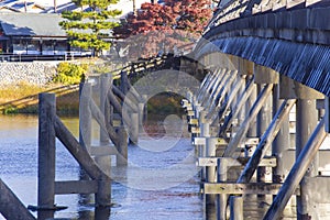 Togetsukyo bridge near Katsuragawa river in Kyoto in autumn telephoto shot