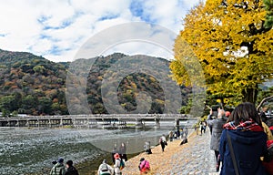 Togetsukyou Bridge during autumn season in Arashiyama, Kyoto, J